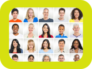 Montasje av passfoto av 20 mennesker