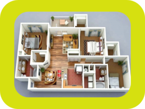 3-dimensjonalt hjem med mange rom, sett fra oven